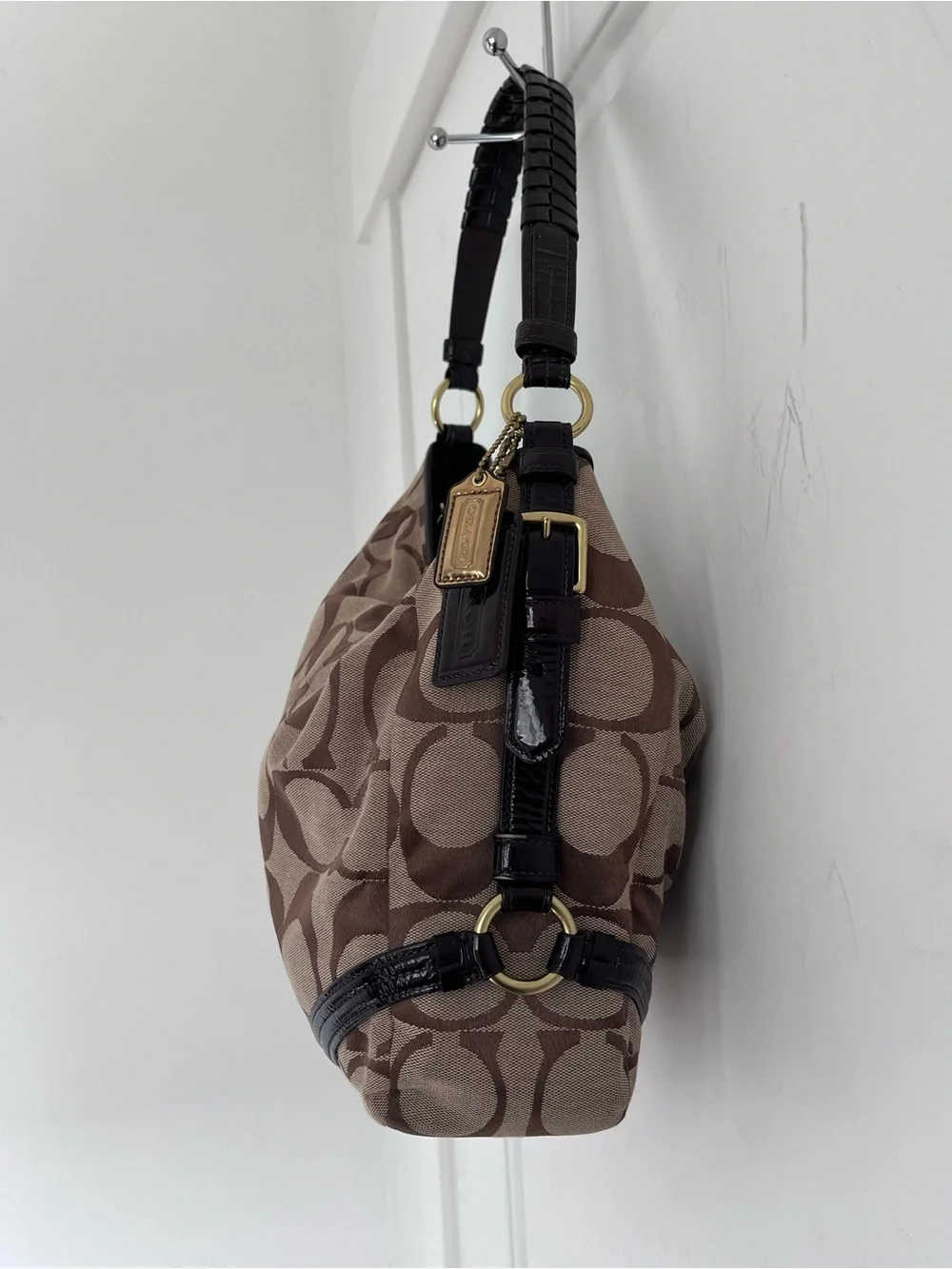 Coach Brown Signature Canvas Hobo with Black Trim